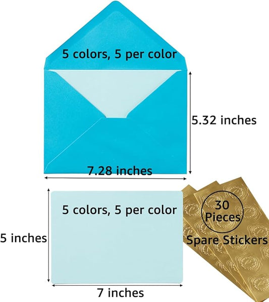 Wishop 25 Pieces A7 Colored Envelopes with Cards and Stickers Set 5 Colors for Weddings, Invitations, Birthday, Baby Shower, 5x7 inches (Blue 5Colors)