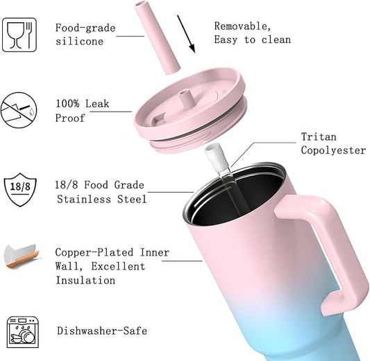 TILUCK 40 oz Tumbler with Handle, Vacuum Insulated Stainless Steel Travel Mug with 100% Leak-Proof Silicone Straw Lid, Cupholder Friendly Water Bottle(PinkBlueGradient, 40oz)