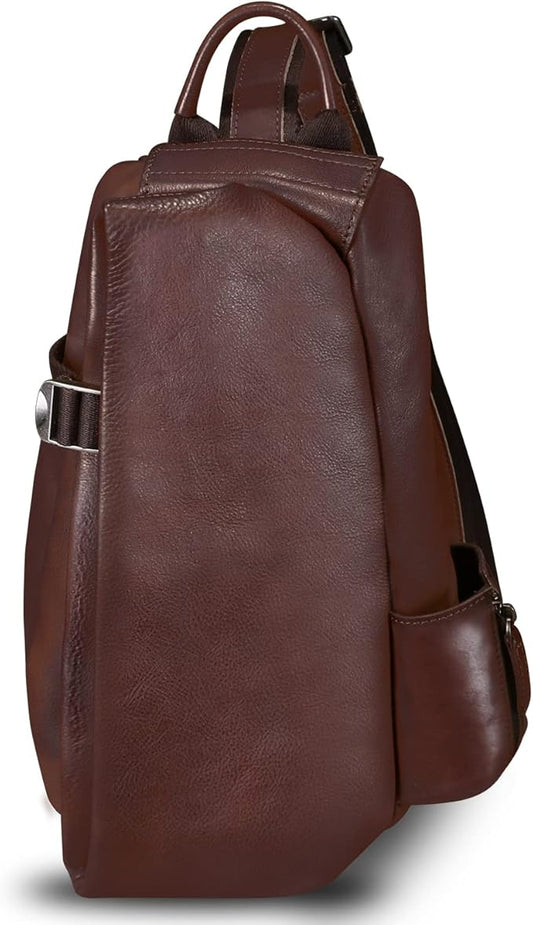 Genuine Leather Sling Bag Crossbody Purse Handmade Hiking Daypack Motorcycle Bag Retro Shoulder Backpack Vintage Chest Pack (Coffee)