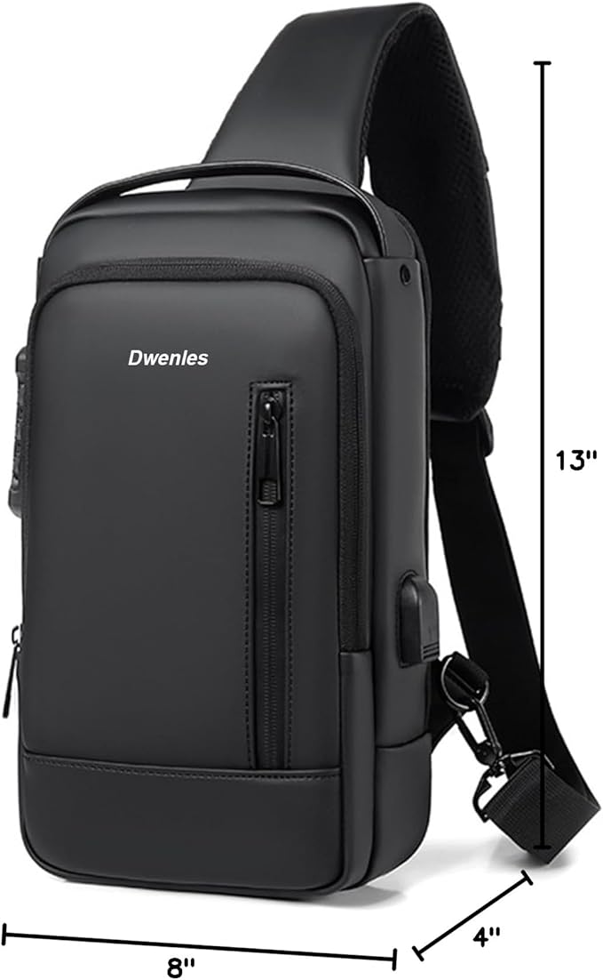 Sling Bag for Men | Anti-theft Crossbody USB PU Leather Shoulder Bag Chest Bag for Daily use Waterproof Lightweight One Strap Backpack, Black