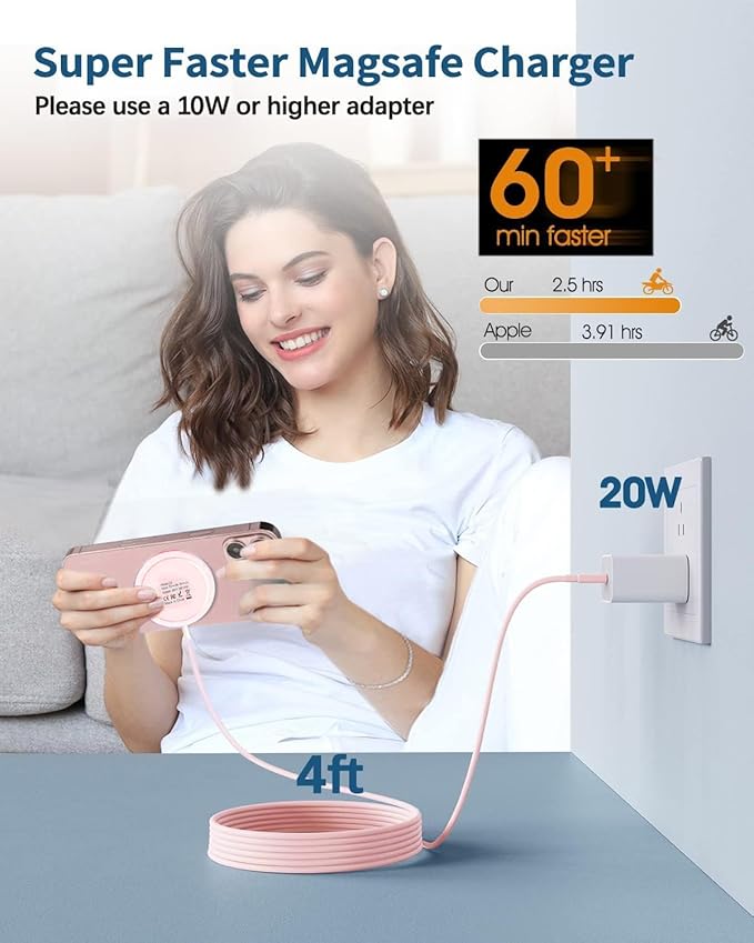 Magnetic Wireless Charger Fast Mag-Safe Charger for 16 Pro Max/16 Pro/16/16 Plus/15/14/13/12 Series AirPods 3/2/Pro/Pro 2 LED Magnet Charging Pad with Dual Charging Ports Pink
