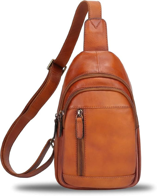IVTG Genuine Leather Sling Bag Chest Shoulder Pack Crossbody Casual Daypack Vintage Handmade Hiking Backpack Motorcycle Bag (Brown) Medium