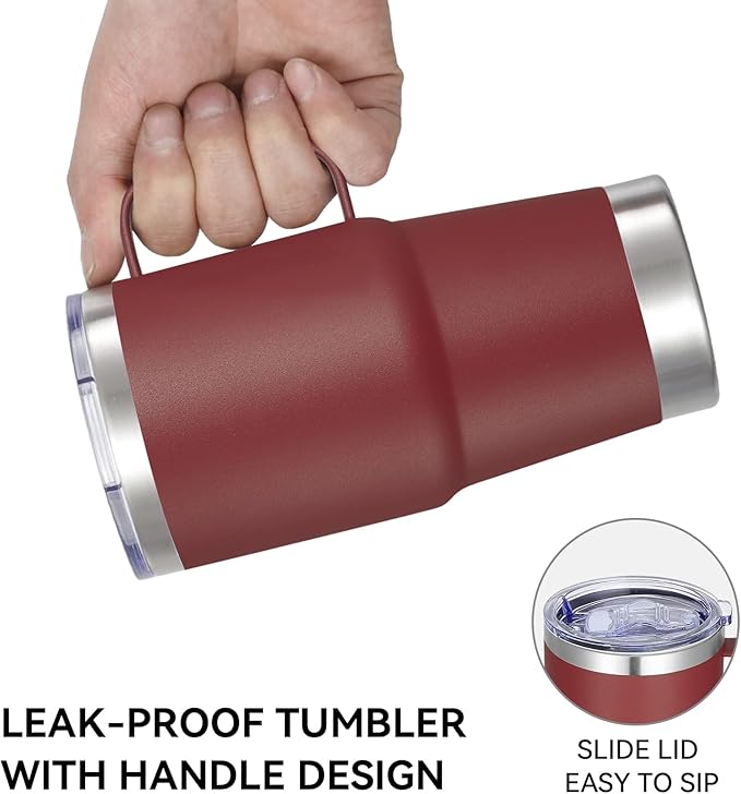 VEGOND 20 oz Tumbler with Handle Lid and Straw, Stainless Steel Insulated Travel Coffee Mug Spill Proof Double Wall Metal Tumbler Cup Keeps Drink Hot and Cold, Wine Red 1 Pack