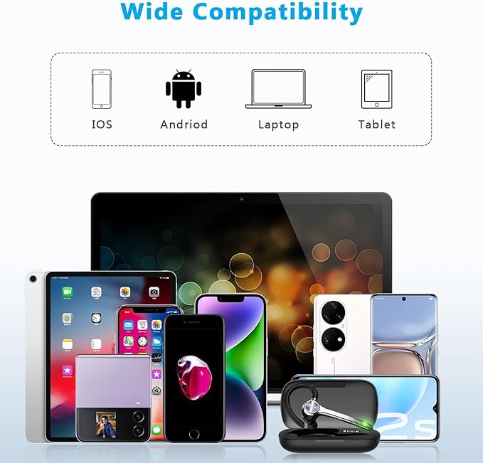 Bluetooth Headset, Wireless Bluetooth Earpiece with 500mAh Charging Case 72 Hours Talking Time Built-in Microphone for iOS Android Cell Phone, V5.1 Hand-Free Headphones with USB Dongle