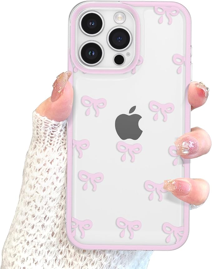 EYZUTAK Case for iPhone 17 Pro, Clear Cute Ribbon Bowknot Pattern Aesthetic Transparent Phone Case Raised Camera Protection Stylish Slim Soft Durable TPU Protective Cover for Women Girls - Pink