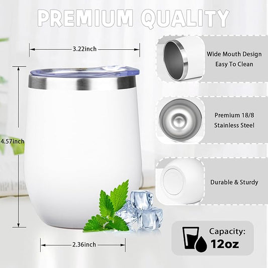 12oz/4 Pack Stainless Steel Wine Tumbler with Lid and Straw, Double Wall Vacuum Insulated Wine Tumbler Glasses, Stemless Travel Mugs for Hot and Cold Drinks, Coffee, Wine, Cocktails