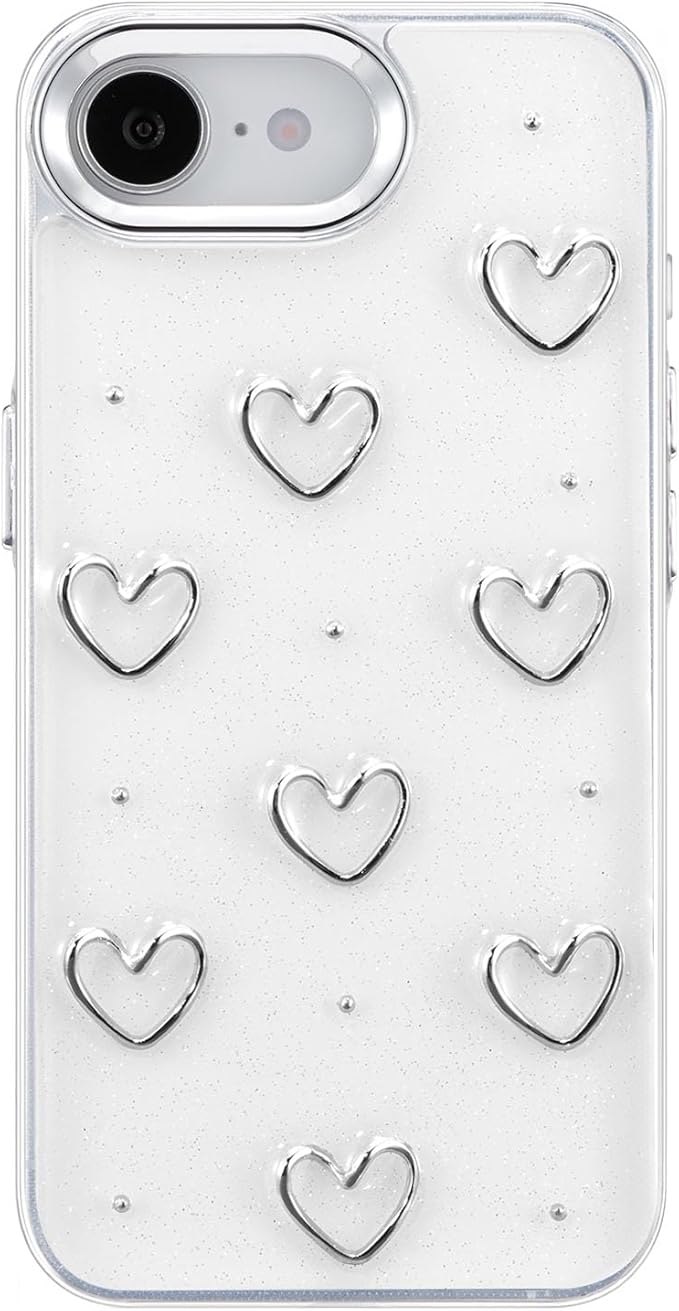 EYZUTAK Case for iPhone 16e, Bling Glitter 3D Hearts Phone Case Cute Sparkly Crystal Clear Heart Aesthetic Design Cover Slim Soft Durable TPU Transparent Protective Cover for Women Girls - Heart