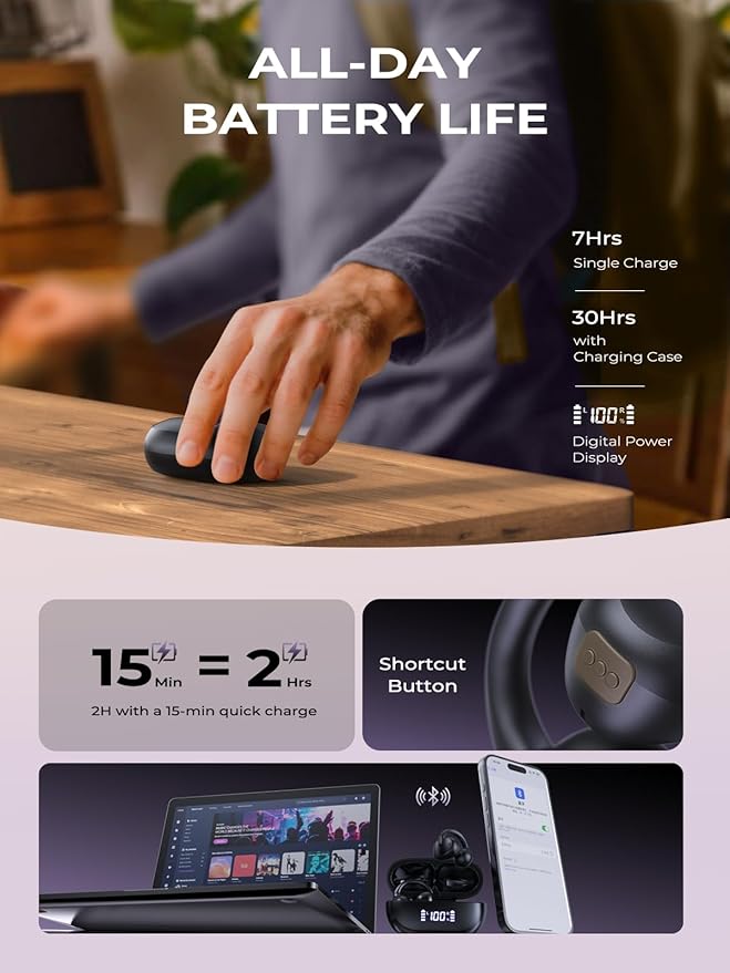 Open Ear Earbuds, Bluetooth 5.4 AI Music Generator Bone Conduction Clip On Headphones with 4 Mics Clear Calls, Ultra-Light 5.7g Comfort, 30H Hi-Fi Stereo Playtime, IPX6 Fit Sports, Black