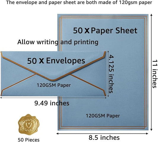 50 Pack Stationery Set with Gold Border, #10 Business Envelopes and 8.5x11 Paper Sheets and Stickers for Writing Letters (Dusty-Blue, 8.5x11 Inches)