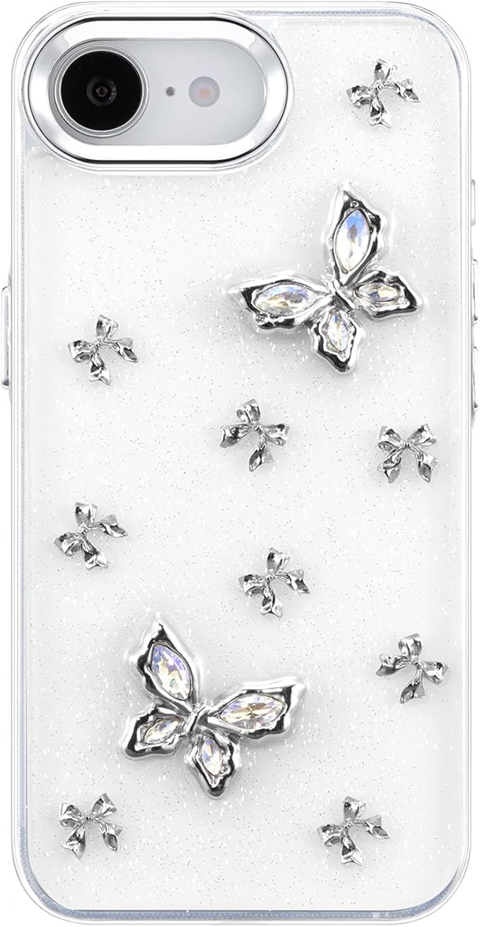 EYZUTAK Case for iPhone 16e, Bling Glitter 3D Butterflies Bowknot Phone Case Cute Crystal Clear Bow Aesthetic Case Slim Soft Durable TPU Transparent Protective Cover for Women Girls - Butterfly