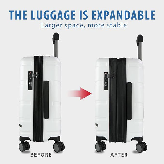 VANKEAN Carry On Luggage with Spinner Wheels & TSA Lock, Expandable Fashionable Hard Shell Suitcase airline approved,20 Inch Carry-On,White