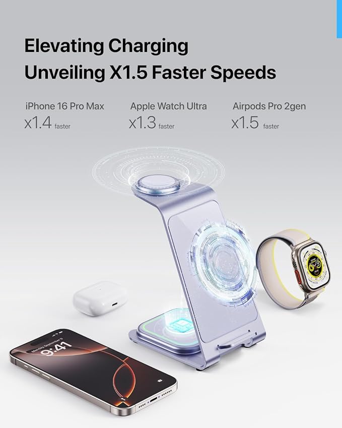 Intoval 3 in 1 Wireless Charging Station for iPhone 16 15 14 13 12 11 X Pro Max, Wireless Charger for Apple Watch Ultra 3 SE 9 8 7 6 5 4 3 2, for AirPods 4 Pro Pro 2 3 (Y93, Lavender)