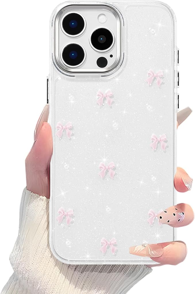 EYZUTAK Case for iPhone 16 Pro Max, Bling Glitter 3D Bowknot Phone Case Cute Sparkly Crystal Clear Bow Aesthetic Design Case Slim Soft Durable TPU Transparent Protective Cover for Women Girl-Pink Bow