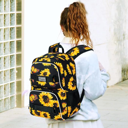 3Pcs Backpack for Girls Women, 17 Inches Sunflower Laptop Backpacks with Lunch Bag, Water Resistant College School Bookbag Set for Teens Students(Yellow)