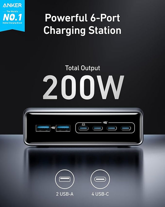Anker Prime Charger, 200W 6-Port GaN Charging Station, USB-C PD Fast Charging Desktop Charger, Compatible with iPhone, Samsung, MacBook, Dell and More