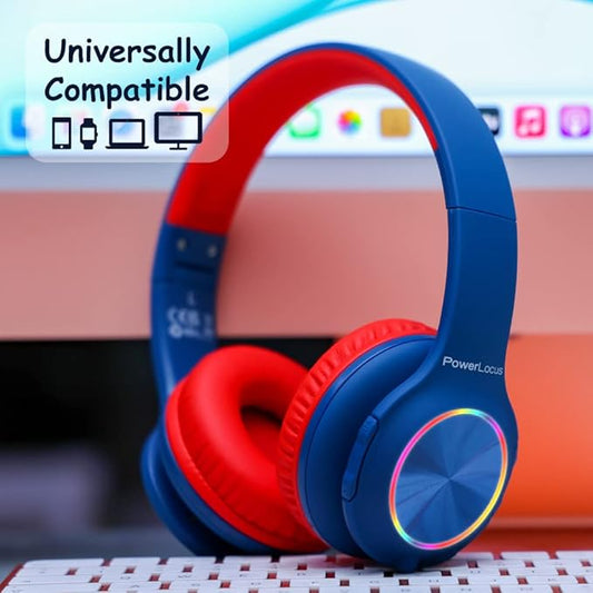 PowerLocus PLED Kids Bluetooth Headphones, Kids Wireless Headphones with LED Lights, 74/85/94dB Safe Volume, Micro SD, AUX Cable, Hi-Fi Stereo, Built-in Mic Over Ear Kid Headphone for Travel/Tablet/PC