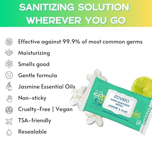 Zoviro Hand Sanitizing Wipes, Bergamot and Orange Essential Oils, Moisturizing Hand Sanitizer Wipes, Value Pack, Jasmine Scent, 80 Count (Pack of 6)