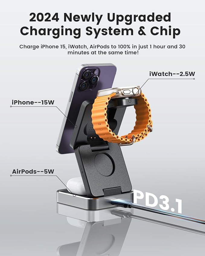 3-in-1 Wireless Charger for iPhone,15W Fast Wireless Charging Station Compatible with Mag-Safe Charger,Magnetic Foldable Travel Charger Stand Nightstand for iPhone 16/15/14/13/12,Apple Watch&AirPods