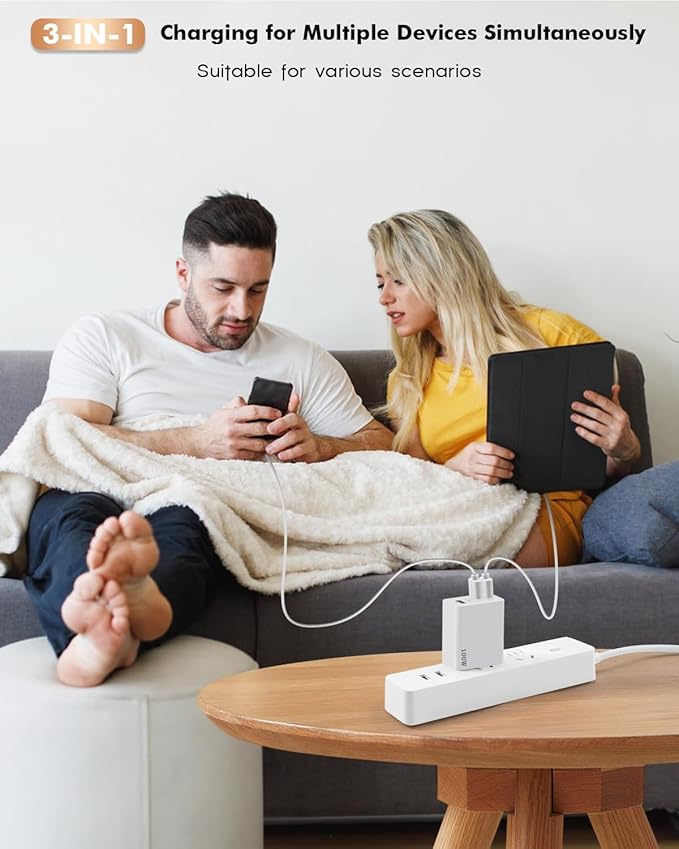 100W USB C Charger,3Ports USB C Laptop Charger Fast Charger with TypeC to TypeC Cable 6FT Woven Cable for Macbook,Macbook Air,Macbook pro,iPhone 16/Plus/Pro/Pro Max,15/Plus/Pro/Pro Max,iPad10 and More