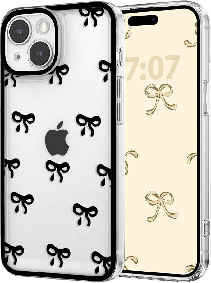 EYZUTAK Case for iPhone 13, Clear Cute Ribbon Bowknot Pattern Aesthetic Transparent Phone Case Raised Camera Protection Stylish Slim Soft Durable TPU Protective Cover for Women Girls - Black