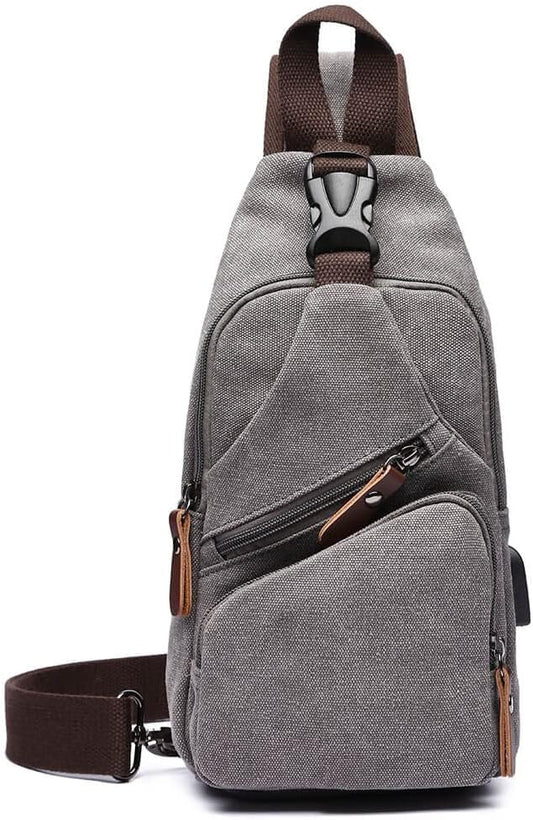 Canvas Sling Bag Crossbody Backpack Shoulder Casual Rucksack for Men Women Outdoor Cycling Hiking Travel Fishing Grey