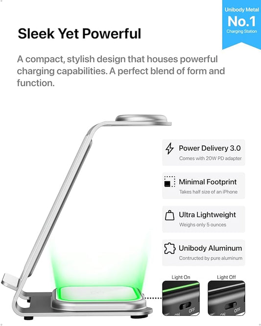 Intoval 3 in 1 Wireless Charging Station for iPhone 16 15 14 13 12 11 X Pro Max, Wireless Charger for Apple Watch Ultra 3 SE 9 8 7 6 5 4 3 2, for AirPods 4 Pro Pro 2 3 (Y93, Silver)