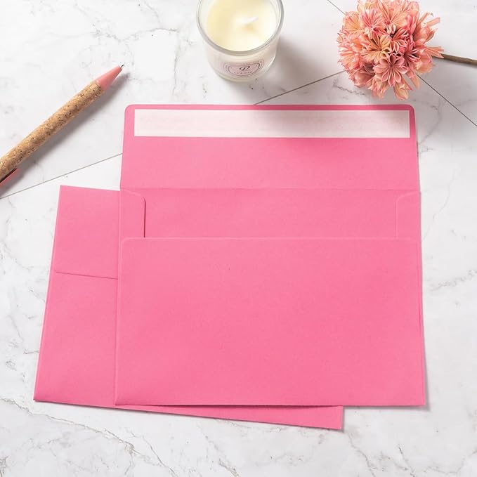 Wishop 50 Pack Pink 5x7 Self-Adhesive Envelopes with Fold Cards 5 Colors for Wedding Invitations and Greeting Cards (Pink 5 Colors, 5x7)