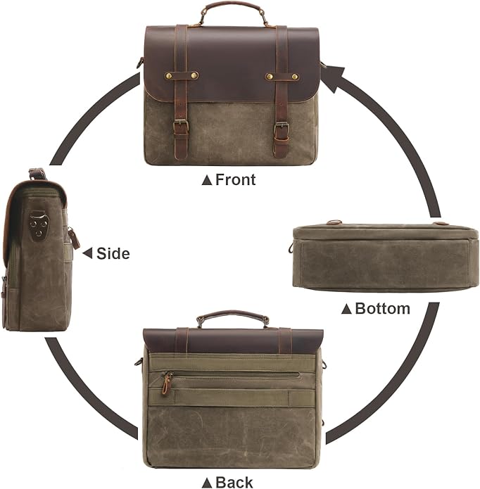 Mens Messenger Bag Waxed Canvas Laptop Briefcase 15.6“ Vintage Genuine Leather Crossbody Bags Waterproof Satchel Shoulder Bag