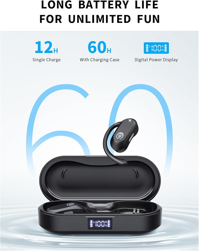 CXK Open Ear Earbuds Bluetooth 5.4 Bone Conduction Headphones, True Wireless Headphones with 60Hrs Stereo Sound, 0.27oz Lightweight Design Open Earbuds with Mic, IPX6 Waterproof Fit Running, Black