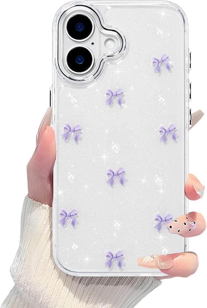 EYZUTAK Case for iPhone 16 Plus, Bling Glitter 3D Bowknot Phone Case Cute Sparkly Crystal Clear Bow Aesthetic Design Case Slim Soft Durable TPU Transparent Protective Cover for Women Girl - Purple Bow