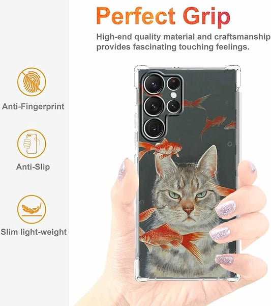 Case for Samsung Galaxy S23 Ultra with Cool Cat Design,Cute Goldfish Pattern for Children,Clear Soft TPU Bumper Phone Cover,6.8"(Cat,S23U)