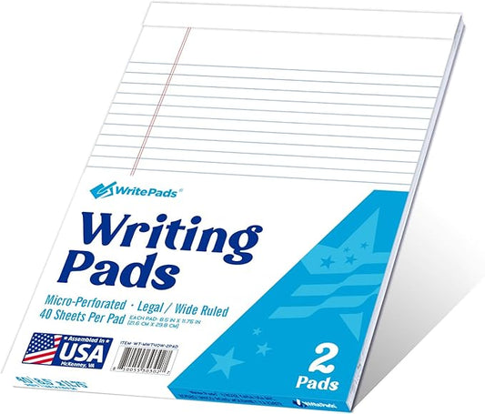 KAISA White Legal Pads Writing Pads Recycled Paper 8.5"x11.75" Wide Ruled Perforated 40 sheets Hard Back Notepads 8-1/2"x 11-3/4" Writing Tablet For Office Supplies Lined Paper (White 2pads)