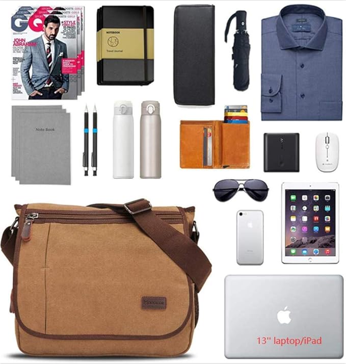 Modoker Messenger Bag for Men, 13 Inches Laptop Satchel Bags, Canvas Shoulder Bag with Bottle Pocket