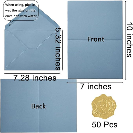 50 Pack Dusty Blue A7 Envelopes with Cards 5x7 Thick Folded Cardstock and Gold Stickers for Greeting Cards, Wedding, Birthday, Invitations, Baby Showers (Dusty Blue, 5x7)