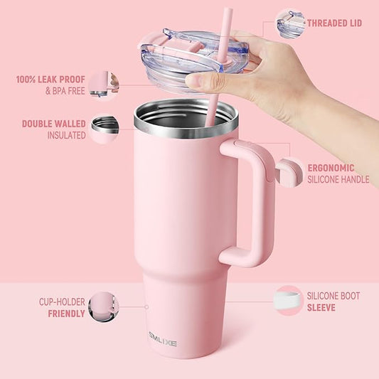40 oz Tumbler with Handle and Straw Lid,Insulated Reusable Stainless Steel Water Bottle Travel Mug,Cupholder Friendly Double Wall Vacuum Sealed Cup (Pink)