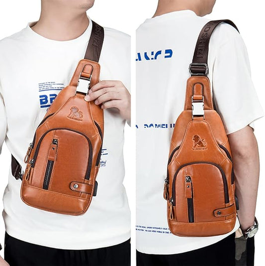 pundarika Leather Sling Bag for Men,small Crossbody Shoulder bag for men,men’s shoulder pack crossbody sling backpack.-brown