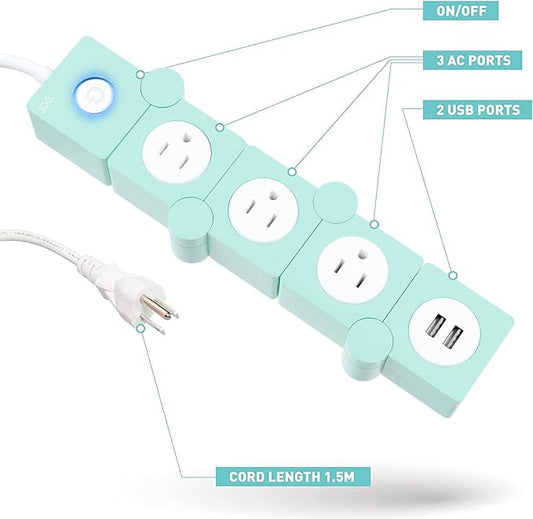 iJoy Flexible Power Strip - 3 AC Outlets and 2 USB Charging Ports with 5 Ft Extension Cord, Green Surge Protector Power Strip, Decorative Surge Protector Outlet Extender for Home, Office, and More