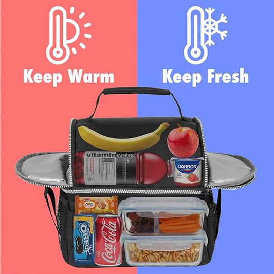 opux Lunch Box for Men, Adult Lunch Box Cooler, Insulated Lunch Bag Women, Dual Compartment Lunchbox for Work, Leakproof Double Decker Lunch Bag, Soft Lunch Pail Tote Boys Girls Kids School, Black