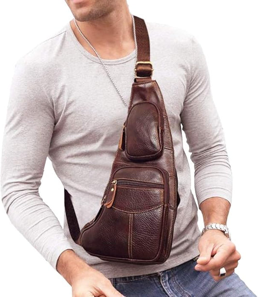 KPYWZER Vintage Leather Sling Bag Backpack for Men Crossbody Shoulder Chest DayPack Backpacks