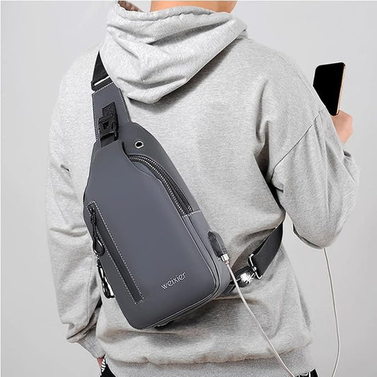 Waterproof Sling Bags Mens Shoulder Crossbody Backpack with USB Charging Port& Headphone,Outdoor Lightweight Bag