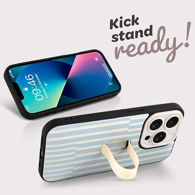 Compatible with iPhone 13 Pro Case with Finger Hand Strap Kickstand, Trendy Cool Striped Phone Case for Women Men, Full Camera Protection Shockproof Protective Cover, White and Blue Stripes