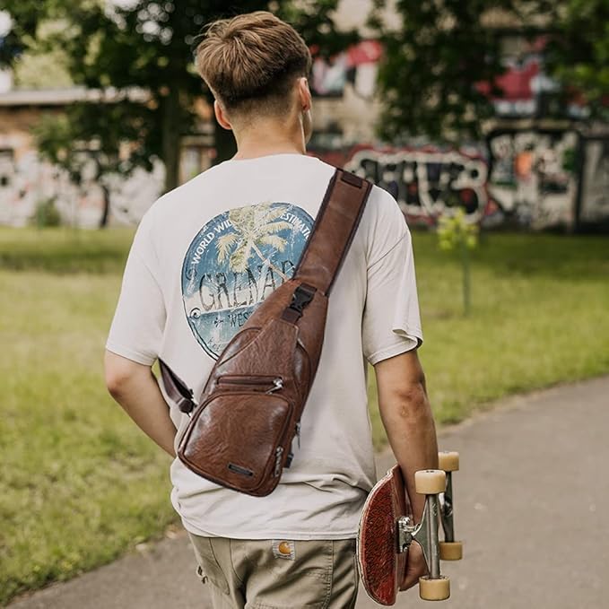 Peicees Leather Sling Bag Mens Crossbody Bag Chest Bag Sling Backpack for Men with USB Charge Port