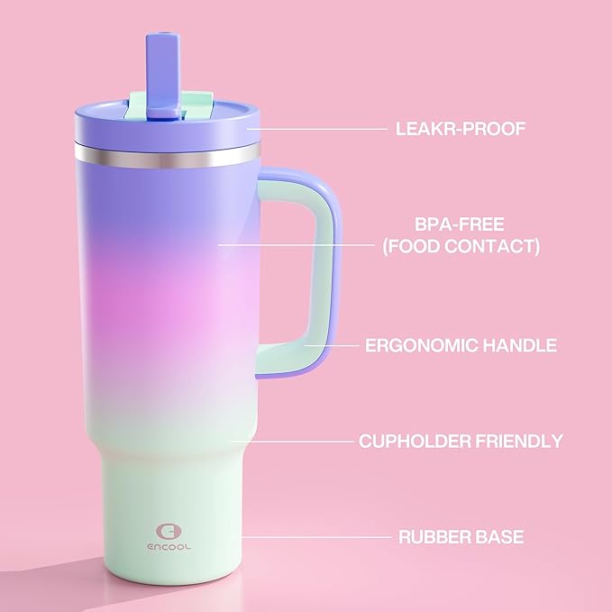 40 oz Tumbler with Handle and Straw: Stainless Steel Insulated Tumbler Keeps Cold for 24 Hours, Leakproof Travel Cup Fits in Cup Holder and BPA-Free, Frosted Lilac