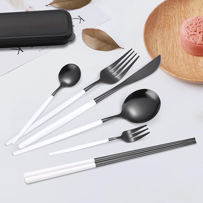 AARainbow 8 Pieces Stainless Steel Flatware Set Portable Reusable Cutlery Set Travel Utensils Set Including Chopsticks Knife Fork Spoon Straws Cleaning Brush Dishwasher Safe (White black)