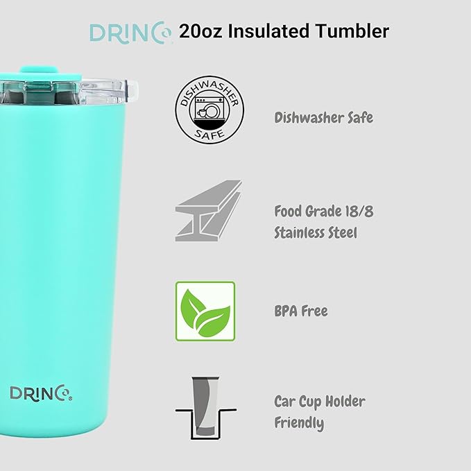 Drinco - 20 oz Stainless Steel Tumbler | Double Walled Vacuum Insulated Mug With Lid, 2 Straws, For Hot & Cold Drinks (20oz, 20oz Teal), 1 Count (Pack of 1)
