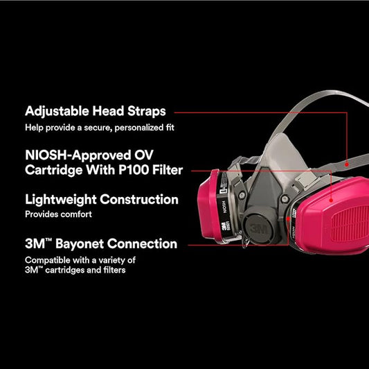 3M P100/OV Odor/Particulate Multi-Purpose Reusable Respirator 65021, Medium Size, NIOSH-APPROVED Organic Vapor Cartridge & P100 Rated Filters, Flexible, Thermoplastic Faceseal For Comfort (65021H1-DC)