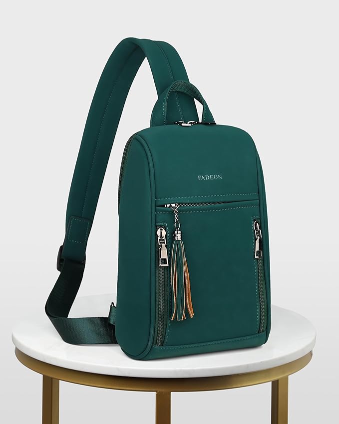 FADEON Sling Bag for Women, Crossbody Purse with Tassels, Designer Leather Shoulder Chest Bags for Travel
