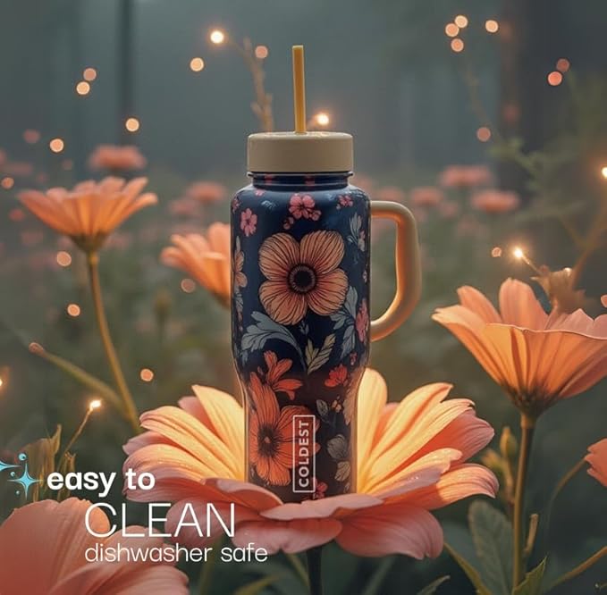 Coldest Tumbler with Handle and Straw - 100% Spill Proof Tumbler with Straw (3 Lids) - Stainless Steel Insulated Leakproof Tumblers for Women & Men - 36 oz (Almond Blossom)