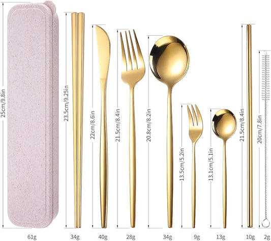 AARAINBOW 8 Pieces Stainless Steel Flatware Set Portable Reusable Cutlery Set Travel Utensils Set Including Chopsticks Knife Fork Spoon Straws Cleaning Brush Dishwasher Safe (Golden)