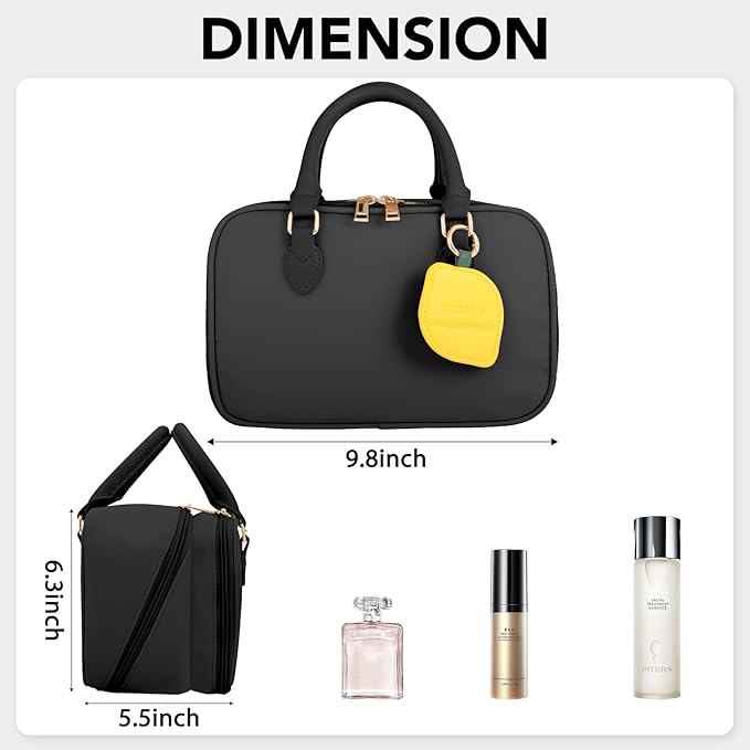 Travel Makeup Bag for Women Fashion Large Capacity Pouch Open Flat Cosmetic Portable Organizer Waterproof Large Opening Storage Toiletry Bags Vertical Free-Standing Brush Holder for Easy Access Black